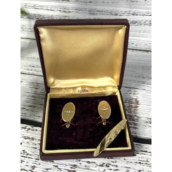 Swank Vintage Brushed Gold Faux Diamonds Mens Cufflinks & Tie Clip w/ Box - Picture 1 of 12